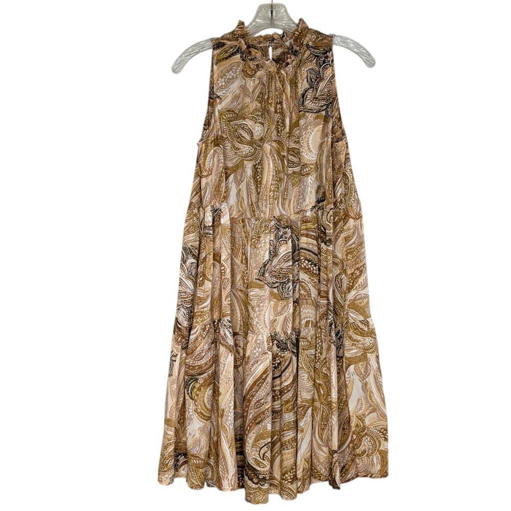 Calvin Klein yellow and brown paisley print rayon mini dress, size 4